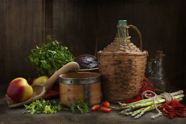 Still Life Asparagus Vegetables Fruits Vintage Style Royalty Free Stock Photos