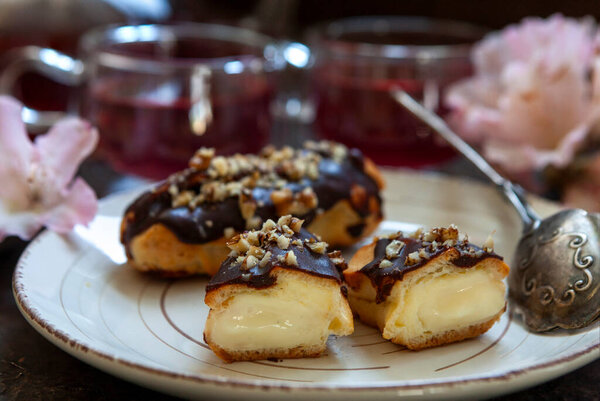 Classic Chocolate Eclair Custard Cream Chopped Walnuts Top Stock Photo