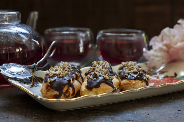Classic Chocolate Eclair Custard Cream Chopped Walnuts Top Stock Picture
