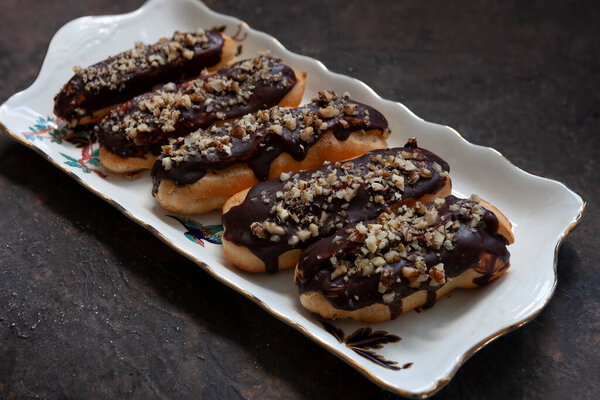 Classic Chocolate Eclair Custard Cream Chopped Walnuts Top Stock Image