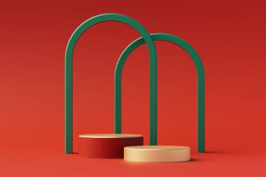 Roman 3D podyumunun sunumu için Noel arkaplan konsepti. Kırmızı zemin üzerinde kırmızı ve altın geometrik nesne. 3d illüstrasyon