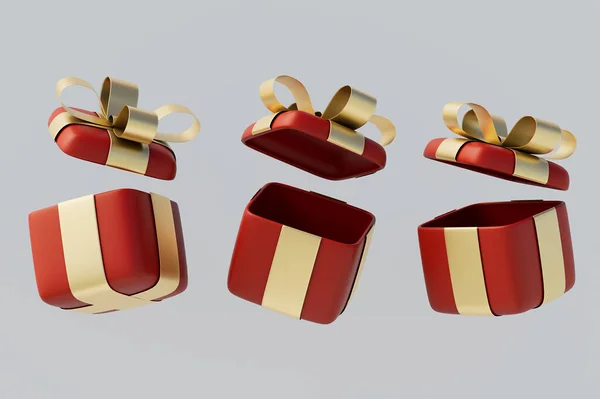 Ikoon Rode Geschenkdoos Met Gouden Lint Strik Set Geïsoleerd Witte — Stockfoto