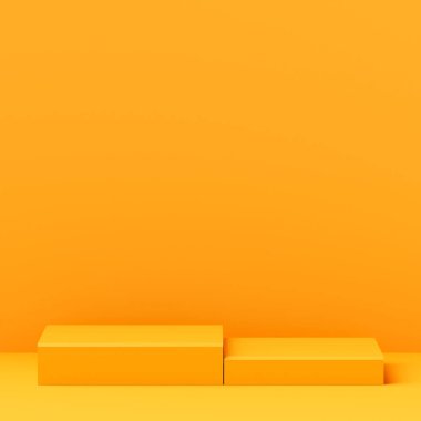 Gerçekçi beyaz, boş kaide podyumu olan soyut sarı 3D oda. Ürün sunumu için en küçük sahne. Vitrin reklam konsepti ve şık bir stüdyo vitrin premium raf için sahne. 3d oluşturma
