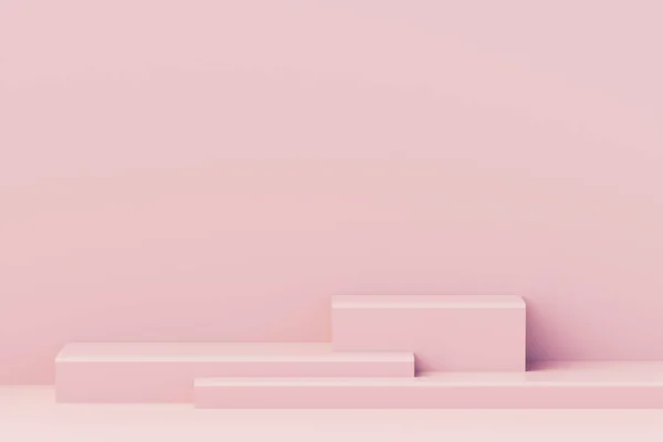 Ürün ve soyut arkaplan için kompozisyonu boş pembe pastel kürsüsü olan minimal sahne. Geometrik şekilleri pastel renklerle süslemek. 3d illüstrasyon