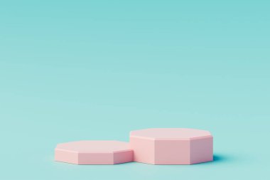 Mavi ve pembe podyum ürünü sahne arkası boş, soyut sahne kaidesi platformu ya da boş sunumu var. 3d oluşturma
