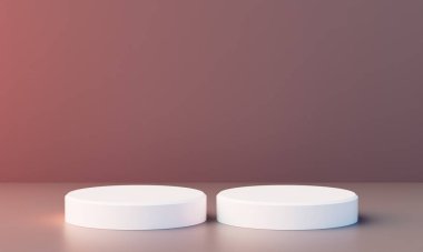 Somut arkaplan üzerine silindir podyumlar. Geometrik ile soyut asgari sahne. Kozmetik ürünler sunumu için sahne. Tasarım boşluğunu düzenle. Vitrin, vitrin. 3d oluşturma