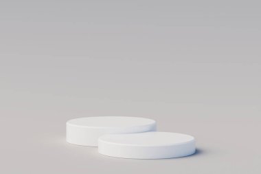 Somut arkaplan üzerine silindir podyumlar. Geometrik ile soyut asgari sahne. Kozmetik ürünler sunumu için sahne. Tasarım boşluğunu düzenle. Vitrin, vitrin. 3d oluşturma