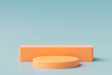 Mavi arka planda kübeton kaide podyumları. Geometrik ile soyut asgari sahne. Kozmetik ürünler sunumu için sahne. Tasarım boşluğunu düzenle. Vitrin, vitrin. 3d oluşturma
