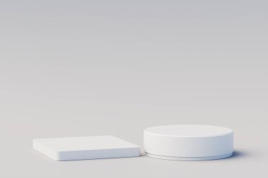 Kozmetik ürün sunumu için Geometrik basamaklı beyaz kaidesel podyum platformu. Boş alan tasarla. 3d illüstrasyon