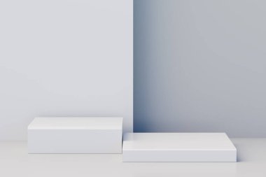 Kozmetik ürün sunumu için Geometrik basamaklı beyaz kaidesel podyum platformu. Boş alan tasarla. 3d illüstrasyon