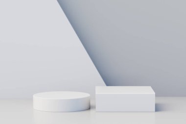 Kozmetik ürün sunumu için Geometrik basamaklı beyaz kaidesel podyum platformu. Boş alan tasarla. 3d illüstrasyon