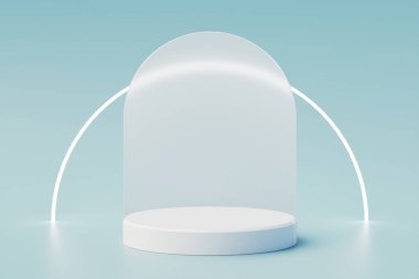 Gerçekçi silindir kaide podyumu, neon ışığı ve cam kemer şeklinde mavi üç boyutlu arka plan. Fütürist, asgari duvar sahnesi, ürün tasarımı. Gösteri için sahne. 3d oluşturma