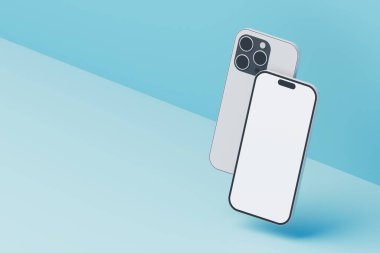 Minimalist izometrik konsept mavi arka planda akıllı telefon modeli. 3B Hazırlama