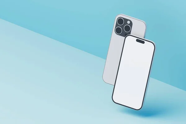 Minimalist izometrik konsept mavi arka planda akıllı telefon modeli. 3B Hazırlama