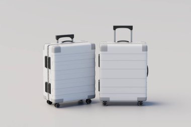 Minimalist konsept bavul ya da beyaz arka planda bagaj modeli. 3B Hazırlama