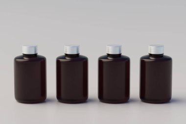 Cold Brew Coffee Amber. Brown Small Glass Bottle Packaging Mockup multiple Bottles. 3D Rendering