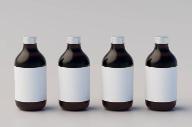 Minimal Concept. Cold Brew Coffee Amber. Brown Medium Glass Bottle Packaging Mockup. Multiple Bottles. 3D Rendering