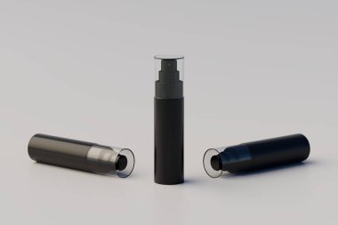 Black Plastic Spray Bottle Mockup. Multiple Bottles. 3D Rendering