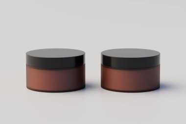 Amber Glass Cosmetic Multiple Jars Mockup. 3D Rendering