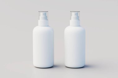 Beyaz plastik sprey çoklu şişe maketi. 3B Görüntü