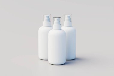 Beyaz plastik sprey çoklu şişe maketi. 3B Görüntü