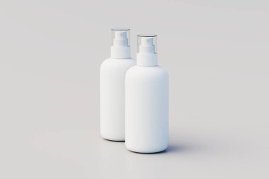 Beyaz plastik sprey çoklu şişe maketi. 3B Görüntü