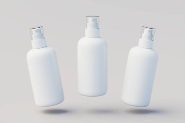 Beyaz plastik sprey çoklu şişe maketi. 3B Görüntü