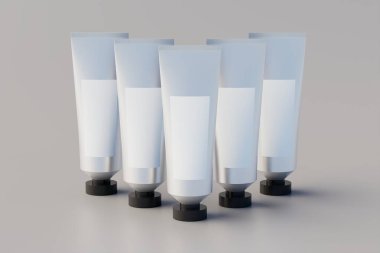 Aluminum Plastic Cosmetic Multiple Paint Tube Mockup Blank Label. 3D Illustration
