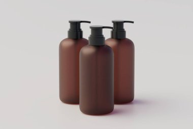 Amber Glass Pump Multiple Bottles Mock-Up, Liquid Soap, Shampoo Dispenser. 3D Illustration