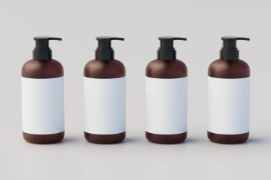Amber Glass Pump Multiple Bottles Mock-Up, Liquid Soap, Shampoo Dispenser. 3D Illustration