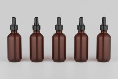 Amber Glass Dropper Mockup Multiple Bottles. 3D Rendering