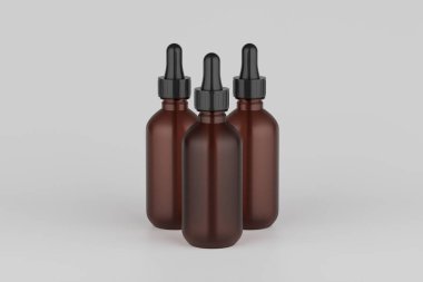 Amber Glass Dropper Mockup Multiple Bottles. 3D Rendering