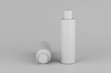 White Plastic Shampoo, Shower Gel, Skin Tonic, Multiple Floating Cosmetic Bottle Mockup. 3D Rendering