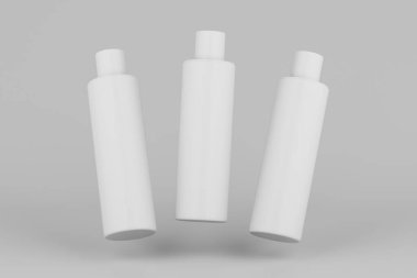 White Plastic Shampoo, Shower Gel, Skin Tonic, Multiple Floating Cosmetic Bottle Mockup. 3D Rendering
