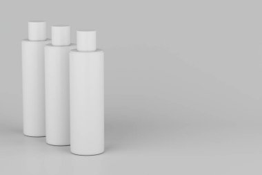 White Plastic Shampoo, Shower Gel, Skin Tonic, Multiple Floating Cosmetic Bottle Mockup. 3D Rendering