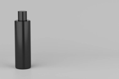Black Plastic Shampoo, Shower Gel, Skin Tonic, Multiple Floating Cosmetic Bottle Mockup. 3D Rendering