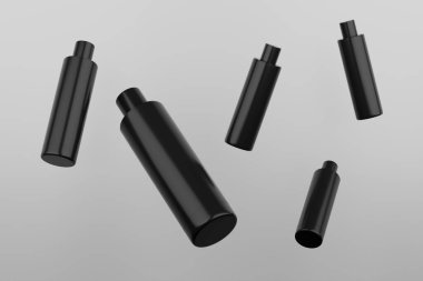 Black Plastic Shampoo, Shower Gel, Skin Tonic, Multiple Floating Cosmetic Bottle Mockup. 3D Rendering