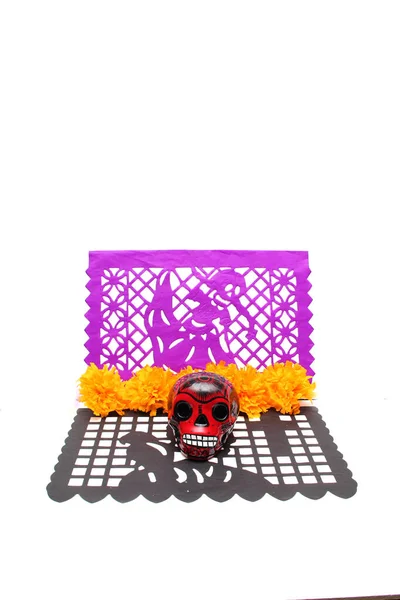 Traditional Colored Papel Picado Skulls Marigold Flower Decoration Altar Day — Stock Photo, Image