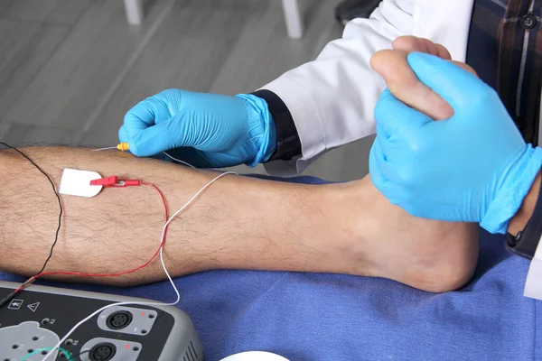Electromyography in the lower limbs, graphic recording technique of the electrical activity produced by the tibial muscle performed by a specialist neurologist