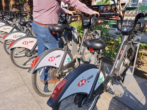 stock image Mexico City, Mexico - Apr 01 2023: The public bicycle system as a great mobility alternative, promotes its modernization and expansion with the HSBC Mexico bank as a sponsor that accompanies ECOBICI