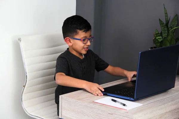 Year Old Latino Boy Glasses Does Home Schooling Takes Online — Foto de Stock