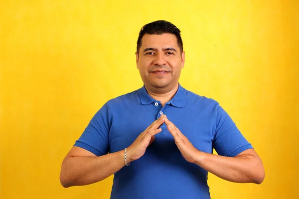 Dark Haired Latino Adult Man Uses Sign Language Typical Deaf — Stock Photo, Image