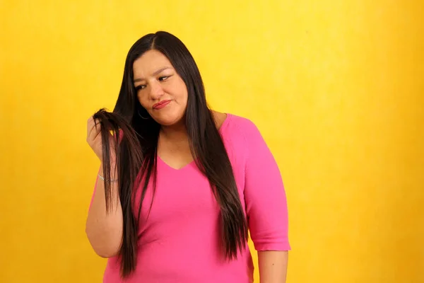 Latin Adult Woman Very Long Straight Hair Suffers Sad Because — Stock Photo, Image