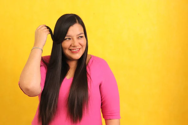 Latin Adult Woman Very Long Straight Hair Happy Have Healthy — Stock Photo, Image