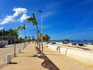 Progreso, Yucatan, Meksika - 23 Kasım 2022: Yarımadanın liman kenti, ikonik uzun rıhtımına yanaşan yolcu gemileri için bir durak. Malecon okyanus kıyısında bir gezinti güvertesidir.