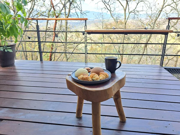 Breakfast Terrace Cabin Woods Wooden Table Coffee Sweet Bread Ready — Stock Photo, Image