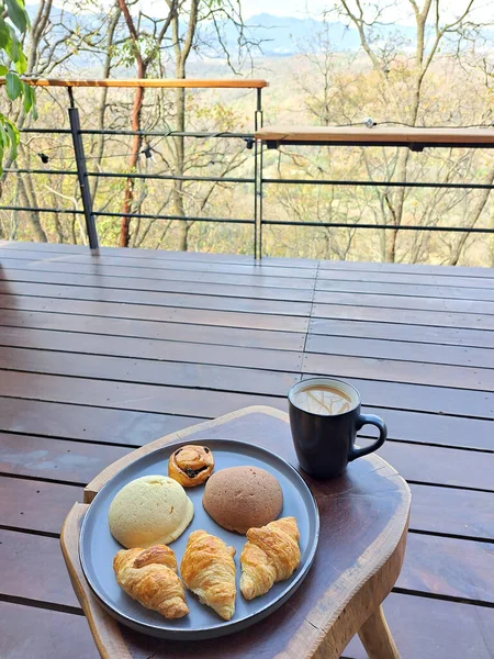 Breakfast Terrace Cabin Woods Wooden Table Coffee Sweet Bread Ready — Stock Photo, Image