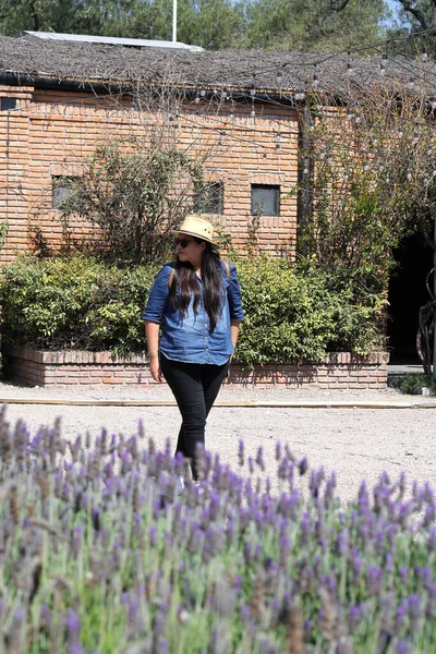 Latin adult woman walks relaxed and calm enjoys walk outdoors with sunglasses and hat in her lavender garden