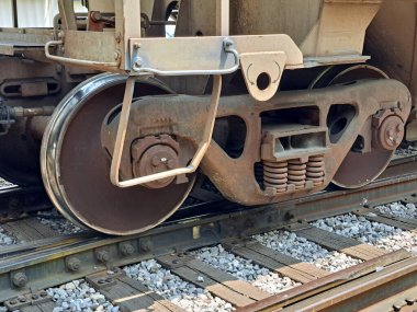 Demiryolu tekerleklerinin yakın çekimi, aynı dingille sıkıca bağlanan yükleri destekliyor, tekerlek setleri oluşturuyor.