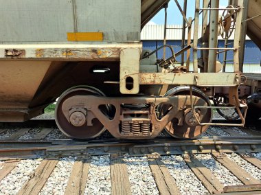 Demiryolu tekerleklerinin yakın çekimi, aynı dingille sıkıca bağlanan yükleri destekliyor, tekerlek setleri oluşturuyor.